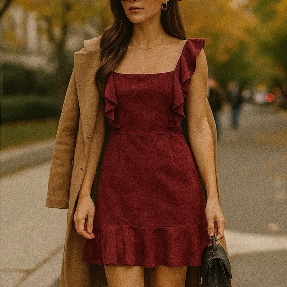 She + Sky burgundy faux suede flounce dress ❤️ - Picture 1 of 8
